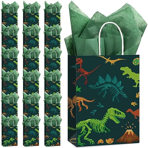 Capoda 16 Pcs Dinosaur Gift Bags with Tissue Paper Green Dino Party Favor Bags with Handle for Goodie Treat Candy Gift Wrap for Boys Girls Dinosaur Themed Birthday Baby Shower Party Supplies Decor