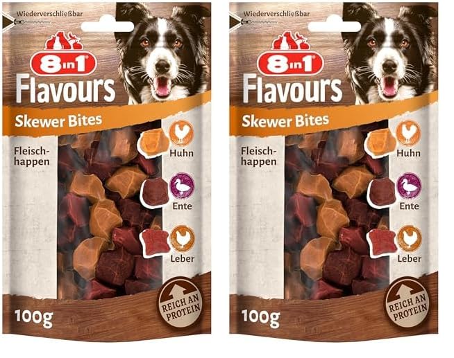 8in1 Flavours Skewer Bites Fleisch-Snacks - proteinreiche Hunde-Leckerlis mit Hähnchebrust, Entenbrust oder Hühnerleber, 100 g Beutel (Packung mit 2)