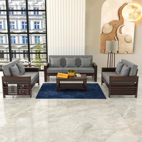 Image of Sheesham Wooden 7 Seater Sofa for Living Room | Rosewood 7 Seater Cushion Sofa with Side Teapoy for Home & Office | Solid Wood Sofa Set for Lounge (Walnut,Grey,3+2+2 Seater)