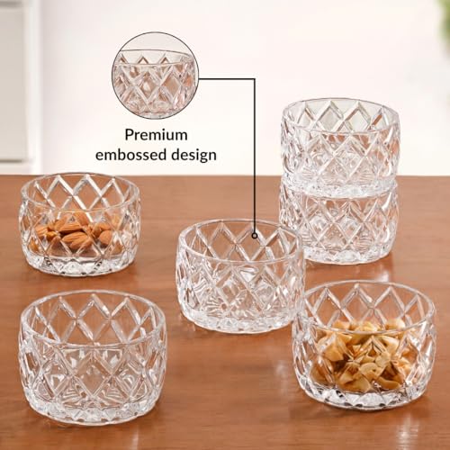 Image of Nestasia Small Glass Chutney Bowls Set of 6 (160ml Each) - Heat Resistant & Chip Resistant Ice Cream Bowls for Dips, Sauce & Pickles | Diamond Cut Transparent Katori with Gift Box - Ideal for Gifting
