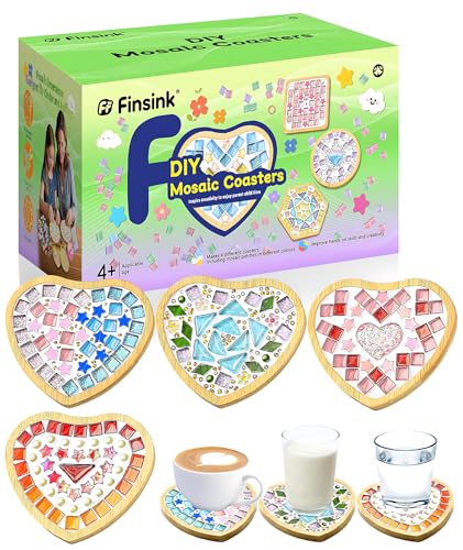 Finsink 4 Kit Mosaïque Adulte DIY Bois Dessous de Verre en Mosaïque Kit Loisirs Créatif Convient comme cadeau d'anniversaire pour les enfants de 5 ans et...