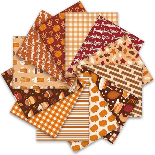 JarThenaAMCS 12Pcs Fall Cotton Fabric Bundles Maple Leaf Pumpkin Drinks