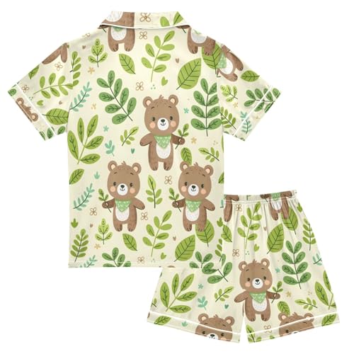 ALAZA Cartoon Bear Leaf Blossom Pajamas Satin Pajama Set Short Sleeve Button Down Sleepwear2