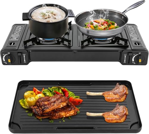 Camping Stove, Portable Butane Camping Stove, Propane Stove 2 Burner Propane Gas Stove, Double Auto Ignition Camping Burner LPG for RV, Apartments, Motorhome, Outdoor, Indoor