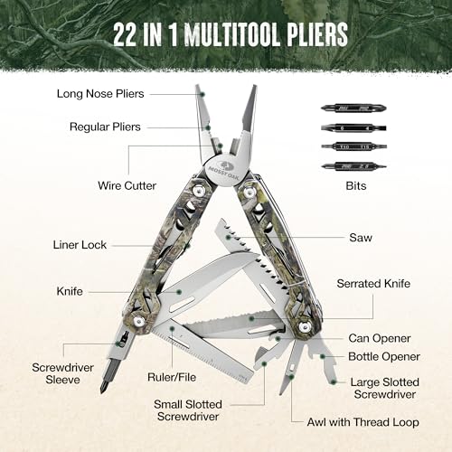 Image of MOSSY OAK Multitool, 22-in-1 Stainless Steel Pliers with Screwdriver Sleeve, Camo Steel Handle, Self-locking Knife with Sheath-Perfect for Outdoor, Survival, Camping, Hiking, Simple Repair