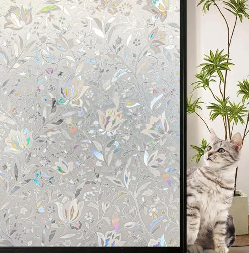 Image of CREON Frosted Privacy Window (24 X 82 Inch) Film with Tulip Flower Pattren & Stained Glass Design, Adhesive-Free for Home, Bathroom & Office