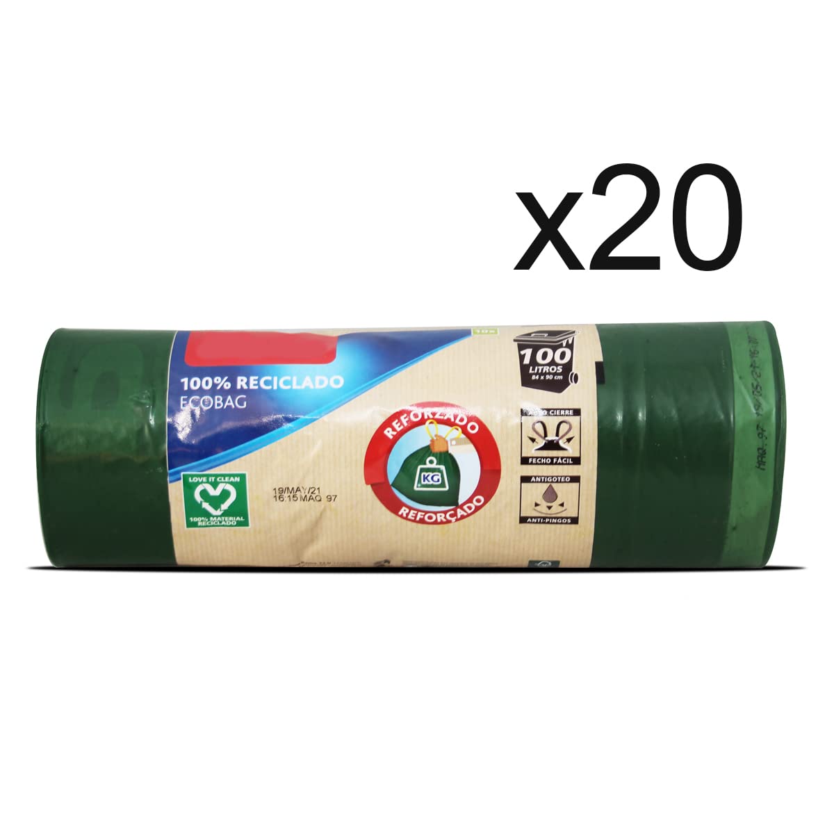Juego de 20 paquetes de 10 Bolsas de Basura Reforzada 100% reciclada, antifugas, ultra resistente, juego de 10 Rollos Talla Grande, bolsa de basura, Capacidad 100 L - Formato 82 x 95 cm