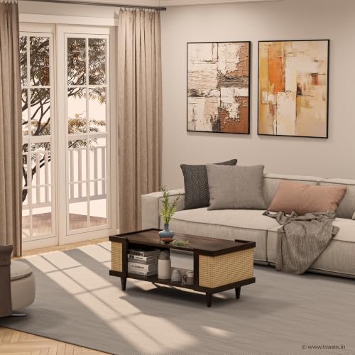 Image of Sudha Solid Sheesham Wood Coffee Table & Centre Table, Walnut Finish | Open Storage Shelf, Natural Rattan Cane Sides, Wooden Center Table for Living Room, Solid Sheesham Wood