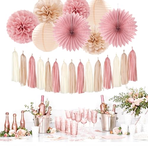 Image of Blush-Pink Rose-Gold Bridal-Shower Fall Party-Decorations - 31pcs Bride to Be Sign Banner,Bachelorette Paper Lanterns,Wedding Streamers Garland,Boho Peach Tissue Pom Poms Fans Decor Supplies Burgleda