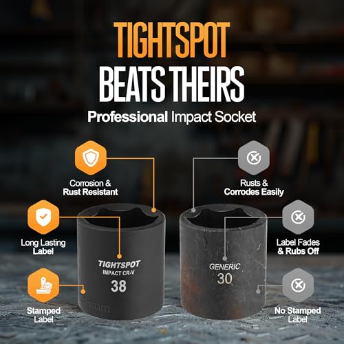 Image of TIGHTSPOT 1 /2 Inch Drive 38mm Shallow Impact Socket with Anti-Rounding 6 Point Design, Heat-Treated CRV Steel