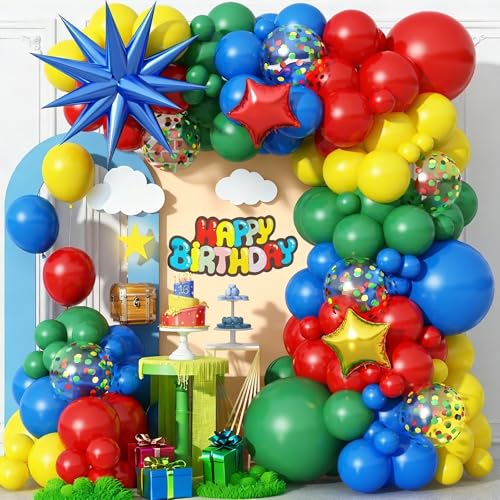 Image of Red Yellow Green Blue Balloon Arch Kit 123Pcs Rainbow Balloons Garland with Star Foil Balloon Cartoon Colorful Birthday Party Balloons for Boys Men Game Baby Shower Carnival Circus School Decorations