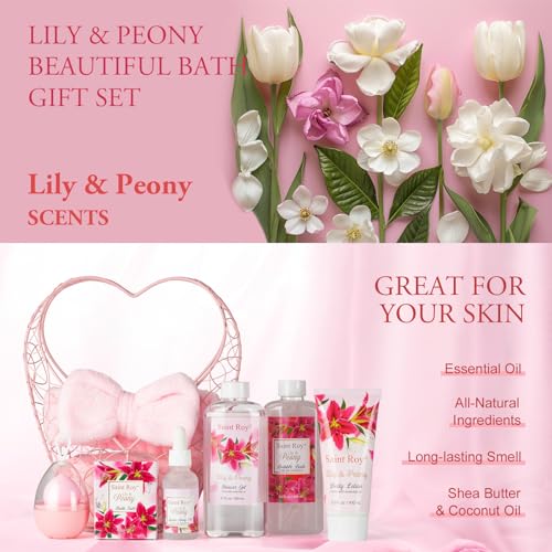 Gift Basket For Women, Mother's Day Gift for Mom Spa Set Lily & Peony Home Spa Set, Beauty Personal Care Set Jojoba Oil, Spa Self Care Kit, Bath Body For Thank You, Birthday, Christmas Gifts for Women - Image 4