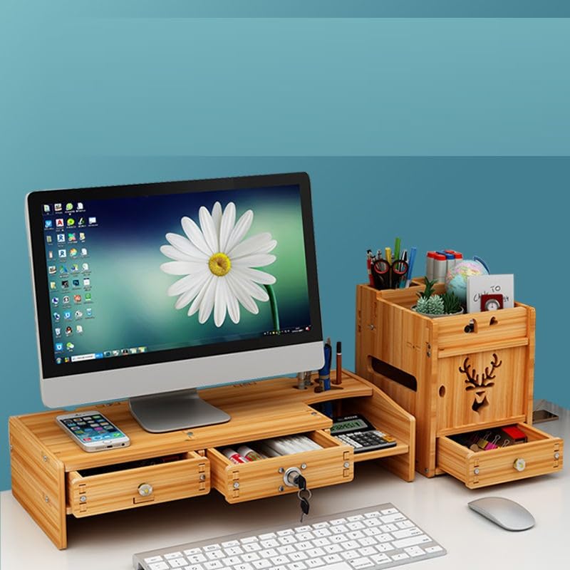 Ketumal Multi-Functional Wooden Monitor Stand with Separate Storage Shelf for Office,Gaming,Home & Study,Lockable Drawer,Pen & Pencil Slot,Beer Tissue Storage Box,Office Desk Organizer-image-33