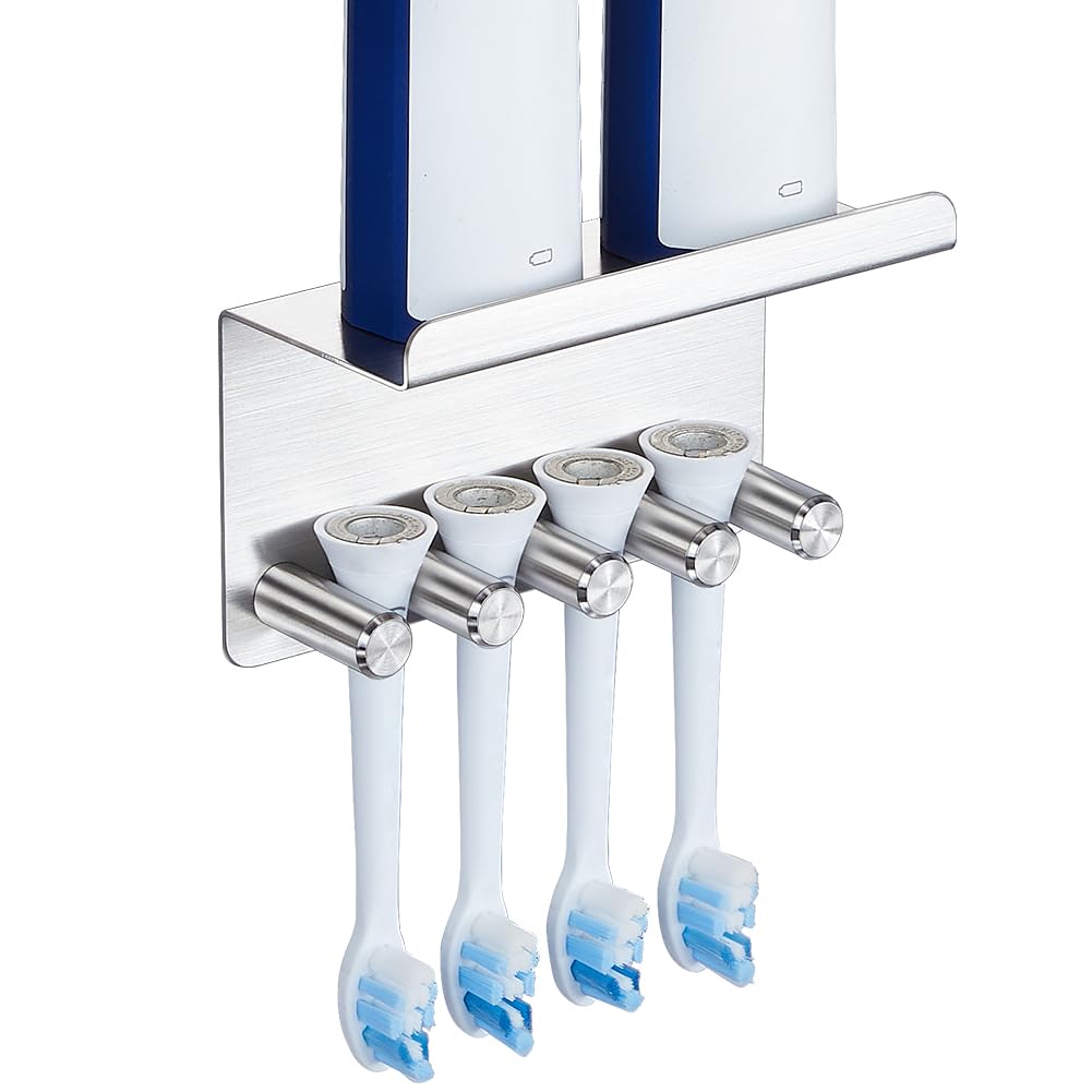 Electric Toothbrush Head Holder Wall Mounted, Stainless Steel Self-Adhesive Toothbrush Holders with Shelf Toothpaste Holder Organizer Shower Brush Holder for Bathroom