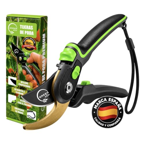GREEN GOF Tijeras de Podar Profesionales Premium para Jardinería, Hoja de Titanio y Acero Japonés SK5, Cortes de hasta 35 mm, Doble Apertura Ajustable, Mango Antideslizante.