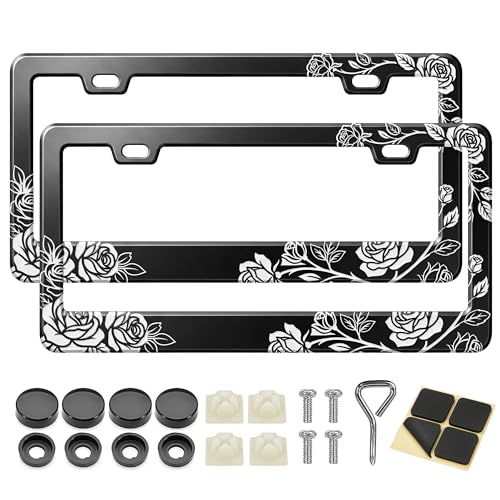 Image of License Plate Frame, Flower Aluminum Universal Car Plate Holder | Universal Aluminum Black Car License Plate Cover with Screws for Women Men