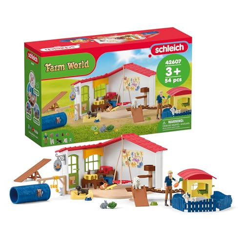 SCHLEICH Farm World | Tierhotel 42607 | Set inkl. Haus, Stall, Pflegerin, Hund, Katze, Meerschweinchen & Zubehör | tolles Geschenk für Jungen und Mädchen | Bauernhof Spielzeug ab 3 Jahre | 54 Teile