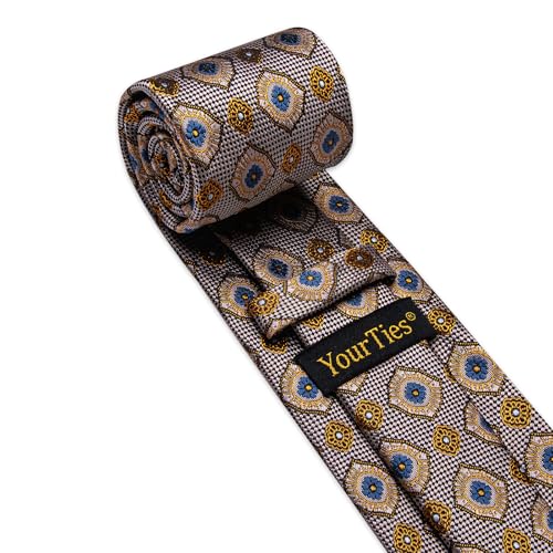 Image of YourTies Silk Paisley Floral Tie and Pocket Square Cufflinks with Lapel Pin Sets for Men 5PC Wedding Party