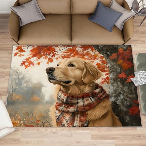 HYGIUID 5x7 Autumn Forest Dog Area Rugs - Labrador Retriever Rugs for Bedroom Girls, Maple Leaf Animal Rug Non Slip Soft Rugs for Living Room Hardwood Floors Teen Room