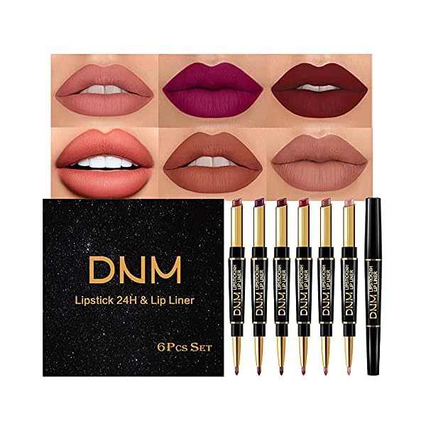 6Pcs-Lip-Liner-and-Lipstick-SetDNM-Double-Head-Matte-Mat-Lipstick-24H-Lip-Liner-2-in-1-Makeup-Set-for-Black-Women-Waterproof-Long-Lasting-24-All-Day-Dark-Red-Lipstick-Matte-Gift-Kit-with-Lipliner evpct 6Pcs Lip Liner and Lipstick Combo Set, DNM 2-in-1 Waterproof Lipstick and 24H Lip liner Set for Women, Antique Rose Chestnut Nude Dark Brown Matte Lipstick Pen with Lip Liner Set Long Lasting 24
