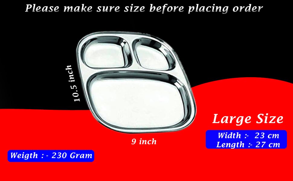 Image of Stainless Steel Plate with 3 Compartments for Lunch, Dinner Plates Set of 4 (Big)
