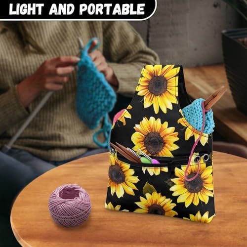 Image of KUIFORTI Sunflower Yarn Bag Holder Knitting Accessories Black Crochet Bag Organizer Tote Yarn Bags for Crocheting on The Go, Small Size