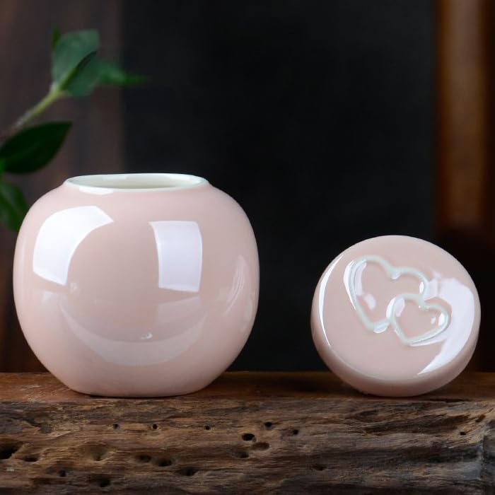 kychenBase Mini Pet Cremation Urn for Cats & Dogs - Portable Pink Ceramic Sealed Jar, Non-Woven Moisture-Proof Seal, for Memorials, Funerals, Honoring, 5.8oz (170ml) Capacity, Heart Design Lid