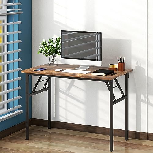 Image of Need Office Computer Desk 39.3 Inch Sturdy Folding Laptop Table Retro | Black Frame Writing Gaming Work Table /Foldable Home Office Desk /Sewing Table, No Assembly Required