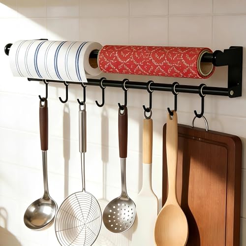 HECHKJ Barre de Ustensiles Suspension 60 cm, Porte-Ustensiles Mural avec 8 Crochets Déplaçable, Patère de Cuisine Multifonctionnel, avec Instructions, pour...