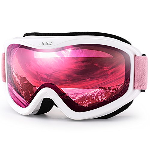 Juli Ski Goggle/Snow Snowboard Goggles For Men, Women & Youth - 100% Uv Protection Anti-Fog Dual Lens(White Frame+38% Vlt Vermillion Red Len Pink Strap) #TOP4
