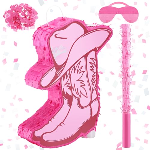 Jexine Cowgirl Boot Piñata Bundle with a Blindfold and Bat Birthday Piñata Piñatas for Western Cowboy Theme Birthday Party Decors Party Favors Photo Prop Candy Holder Party Supplies (Pink Boot)