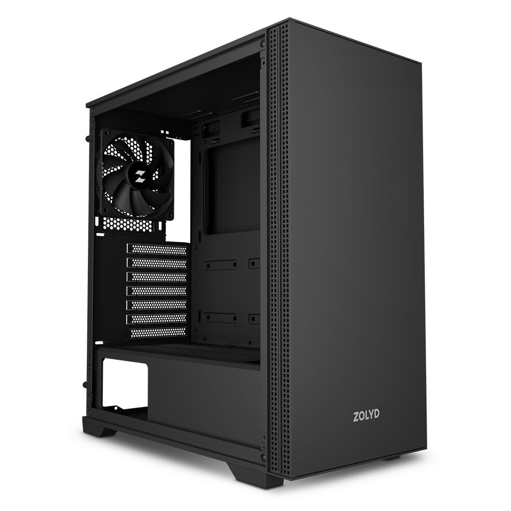 Zolyd Noct Caja PC ATX Silenciosa, Diseño Minimalista con Aislamiento Acústico, Compatible ATX/Micro-ATX/Mini-ITX, 3 Ventiladores Incluidos, Soporte Refrigeración Líquida 360 mm, USB-C, Negro
