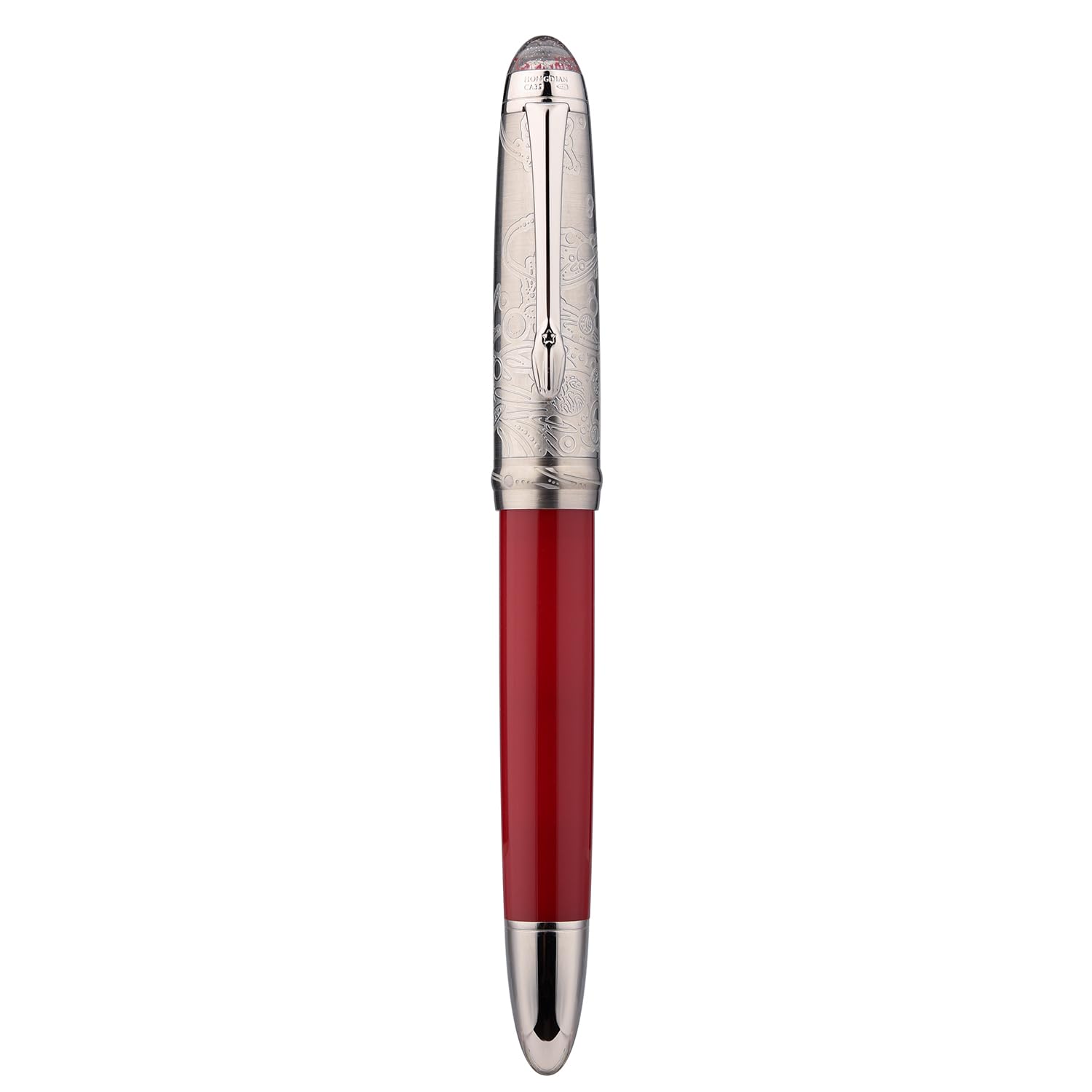 Hongdian CA35 Fountain Pen Extra Fine Nib, Wine Red & Planetary Galaxy Pattern Engraving Design Smooth Writing Pen with Metal Case Set