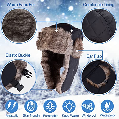 NONMON Unisex Winter Fliegermütze mit Ohrenklappen, Warme Kunstfellmütze Bomber Hut Damen Herren Trappermütze wasserdichte Schneedichte Winddichte für Skifahren Outdoor Aktivitäten - Schwarz