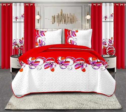 Reylox 9 Pcs Queen Bed in a Bag with Curtains | Red Boho Butterfly Bedspread, Pillowcases, Print & Solid Curtains | Microfiber, Silky Soft | Comforter Sets with Matching Curtains | Bedroom & RV Decor