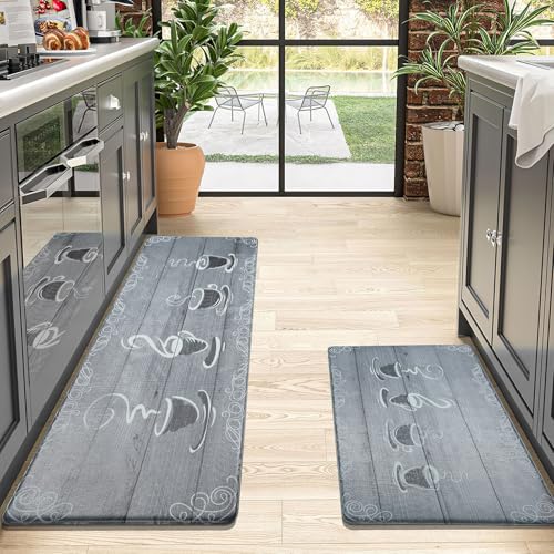 Alishomtll Kitchen Mats Non Slip Waterproof, Pieces PVC Anti-Fatigue Kitchen Rugs Set, Stain-Resistant Wipeable Kitchen Runner Easy Clean Standing Mats for Kitchen Floor 44x75+44x150cm Coffee-2