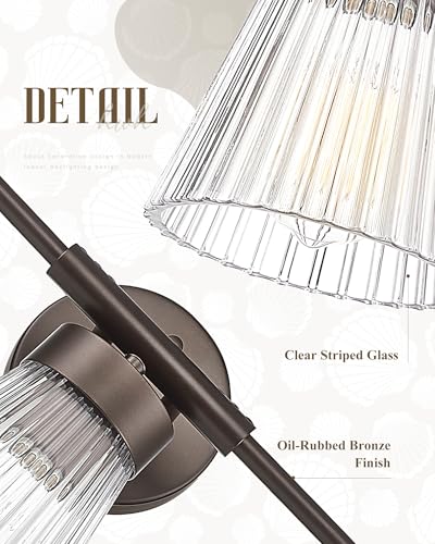 Image of Bathroom Vanity Light Fixture, HWH 3-Light Farmhouse Vanity Lights Over Mirror Bathroom Lighting Fixtures with Clear Striped Glass Shade, Oil-Rubbed Bronze Finish, 5HZG97B-3W ORB