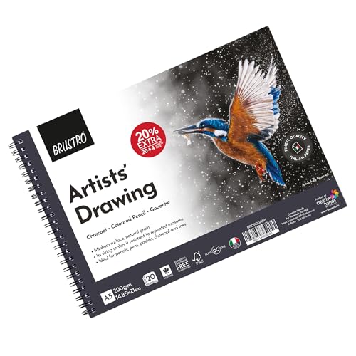 Image of BRUSTRO Black White Charcoal Set of 13 Pcs in a Metal Box With Artist's Drawing Wiro Pad, 200 GSM, A5, 24 Sheets | Ideal For Sketching, Shading, Portrait,Landscape,Fine Art and Professionals