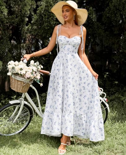 Image of GLNEGE Women's Summer Corset Wedding Guest Maxi Dress Spaghetti Strap Ruffle Formal Dresses Flowy A Line Tea Party Sundress