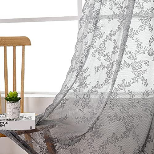 Grey Lace Curtains for Kids Bedroom 55 x 54 Inch Farmhouse French Floral Embroidered Sheer Voile Curtains Durable Rose Lace Fabric Window Treatment Drapes for Living Room Christmas Holiday 2pcs - Image 3