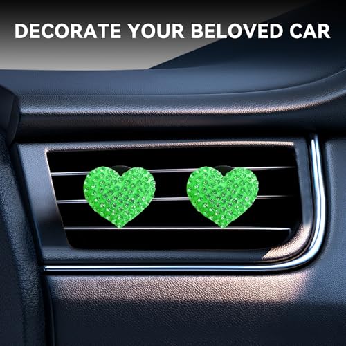 Image of Car Bling Air Vent Clips, 2 Pcs Bling Heart Charm Air Conditioning Outlet Clip, Crystal Rhinestone Accessories, Car Interior Decoration Cute Accessories for Women Girls (Green, Vanilla)