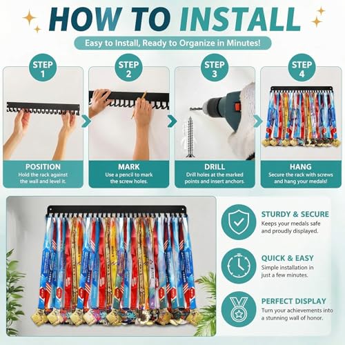 Image of Geetery 4 Pack Medal Hanger Display with 20 Hooks Each, Sturdy Steel Wall Mount Medal Holder Rack Holds 60+ Awards for Gymnastics Marathon Sport Runner Soccer Wrestle Swim, Easy to Install