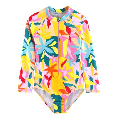 Image of Girls One Piece Swimsuit Long Sleeve Rash Guard UPF 50+ Age 2-12Y | UPF 50+ Sun Protection,Quick Dry,Front Zipper,Bright colorful ,Great for Beach, Pool and Water Play,Little Kids Bathing Suits