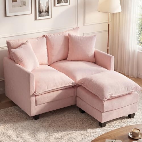 Image of 50'' L-Shape Loveseat Sofa with 22 inch Ottoman, 2 Seat Modern Cloud Couch with 2 Washable Pillows for Small Space Apartment Office Living Room Bedroom, Pink