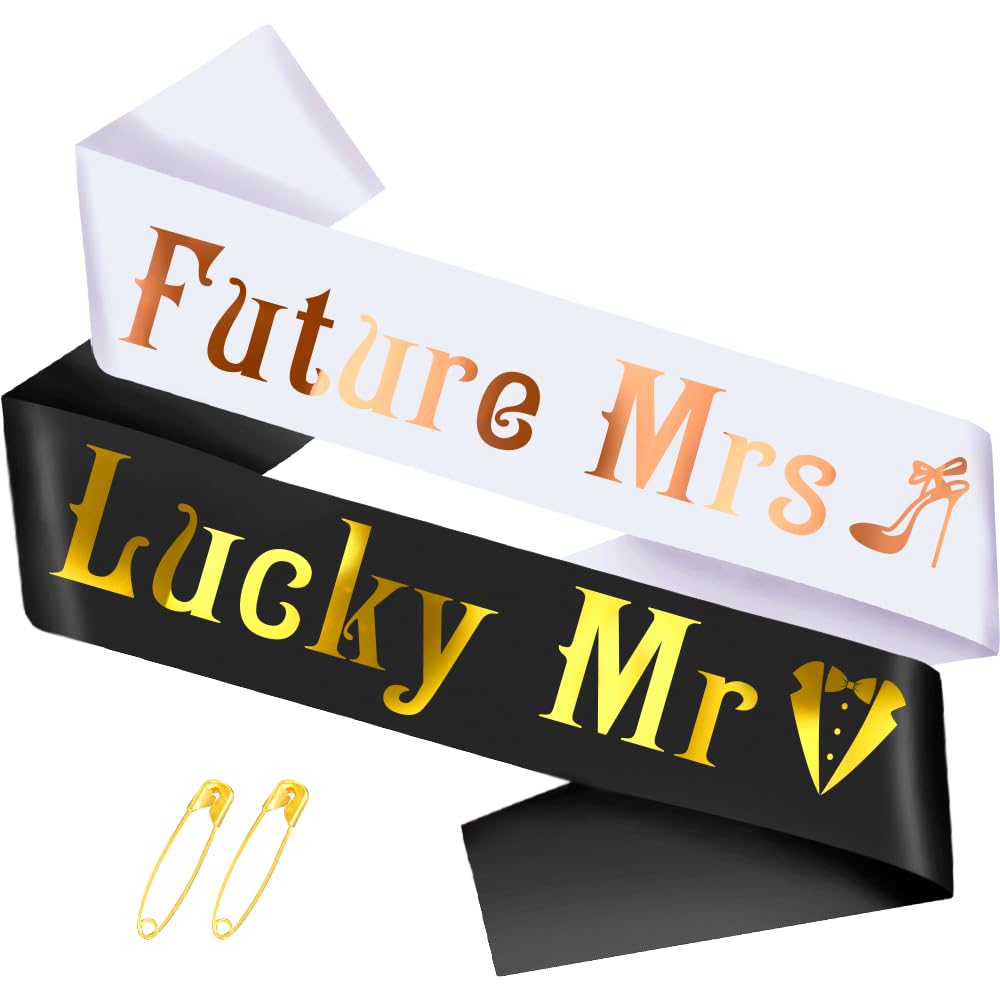 DOINIDAMI Future Mrs & Lucky Mr - Bride to Be Sash and Groom to Be Sash Kit, Gold Glitter Bachelorette & Bachelor Sash for Wedding Bridal Shower Party Decorations Engagement Gifts (White and Black)