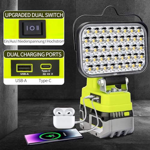 Image of Work Light for Ryobi 18V Battery,84W 8000LM Portable Cordless Floodlight with USB&Type C Charging Port for Emergency Lighting,LED Spotlight for Camping,Fishing,Workshop