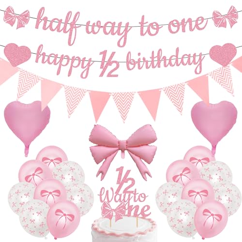 Half Birthday Decorations Banner Supplies - 23 Pcs Pink Baby Girl Bow 1/2 Year Birthday Banner Glitter Cake Topper Balloons For 6 Months Party Decor