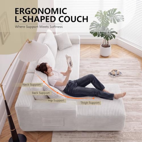 Image of 94.5 inch L Shaped Boneless Sectional Corduroy Couches for Living Room (White)