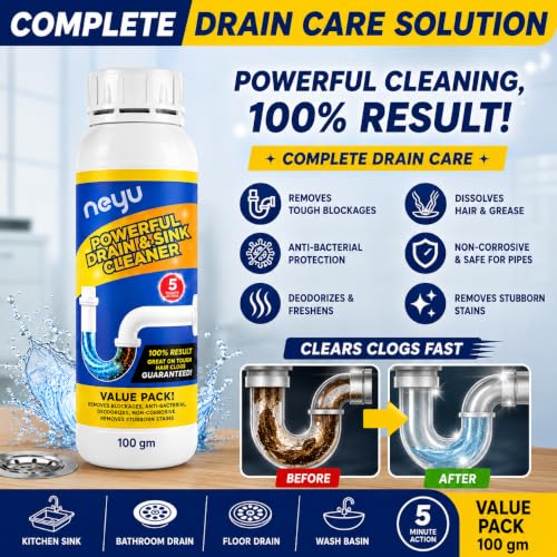 Image of NEYU Xpert Drainex Drain Cleaner Powder for Clogged Drains - Heavy Duty Drain Blockage Remover for Kitchen Sink, Bathroom, Toilet & Pipe Cleaning 100gm (2 Piece)