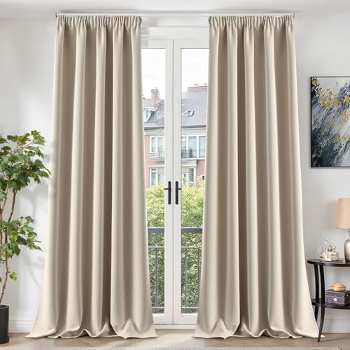TOPICK Vorhänge Blickdicht Gardinen für schienensystem Verdunklungsvorhänge Curtains 260x140 cm 2er Set Gardinen mit Kräuselband Wohnzimmer abdunkelnde Vorhänge Schlafzimmer Fensterdekoration Beige